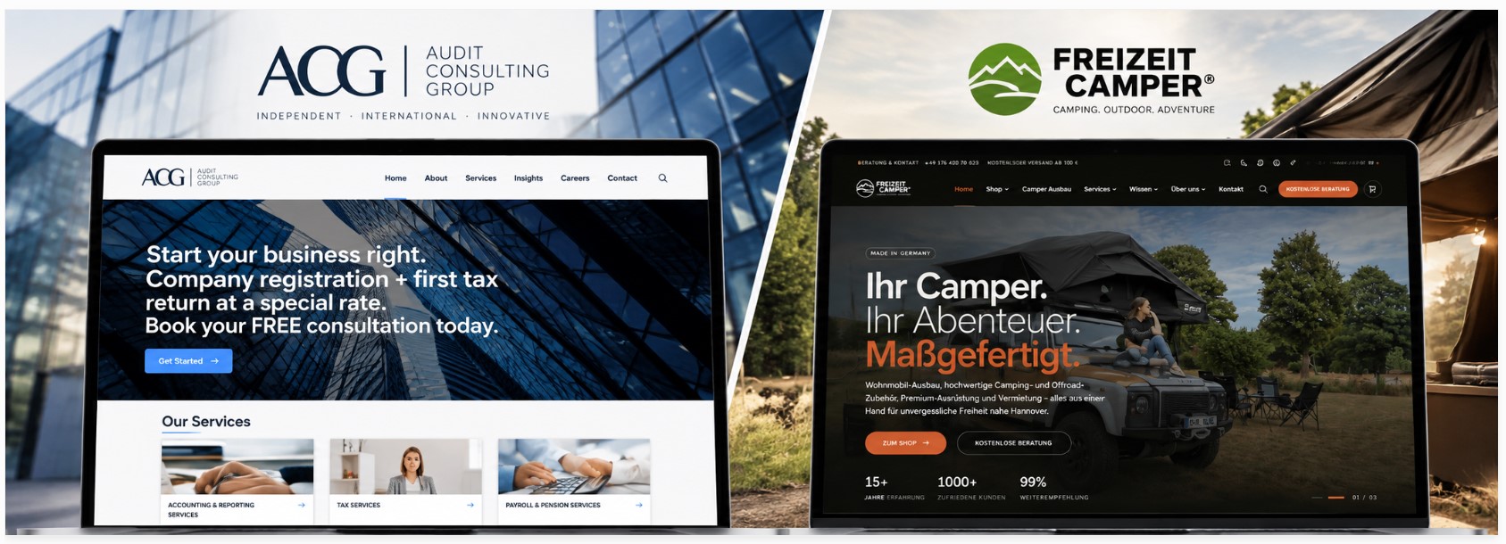 Prime Lion Digital WordPress projects for Audit Consulting Group and Freizeit Camper