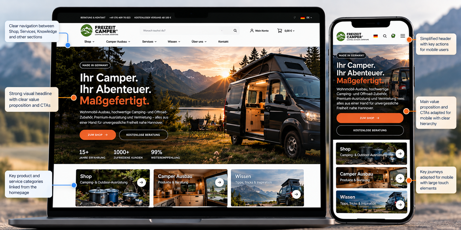 Responsive WordPress and WooCommerce interface for Freizeit Camper