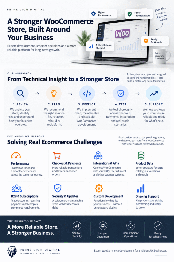 WooCommerce development experts UK infographic showing performance, checkout, integrations, custom development and support