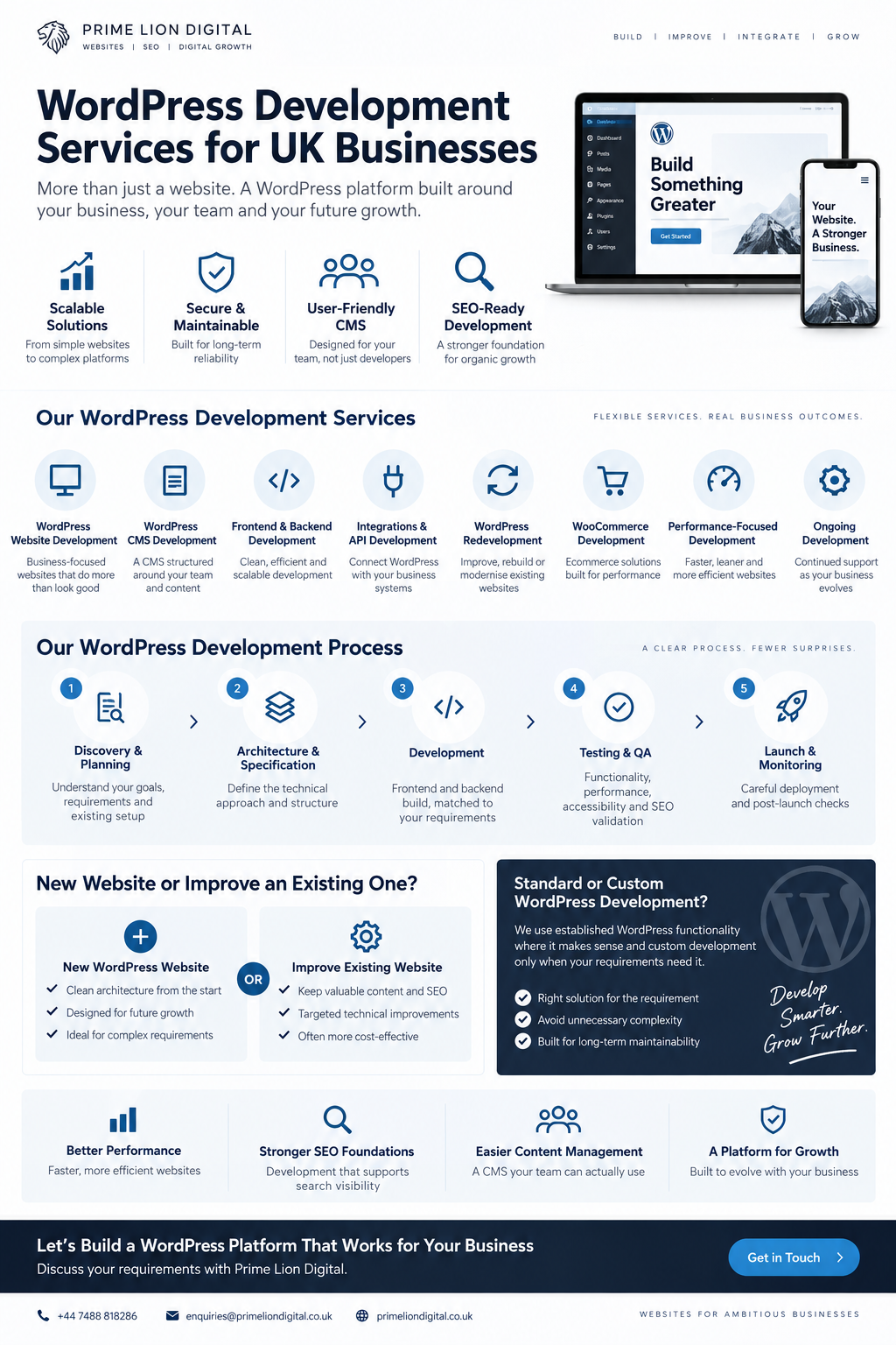 WordPress development services for UK businesses including CMS, integrations, WooCommerce and redevelopment