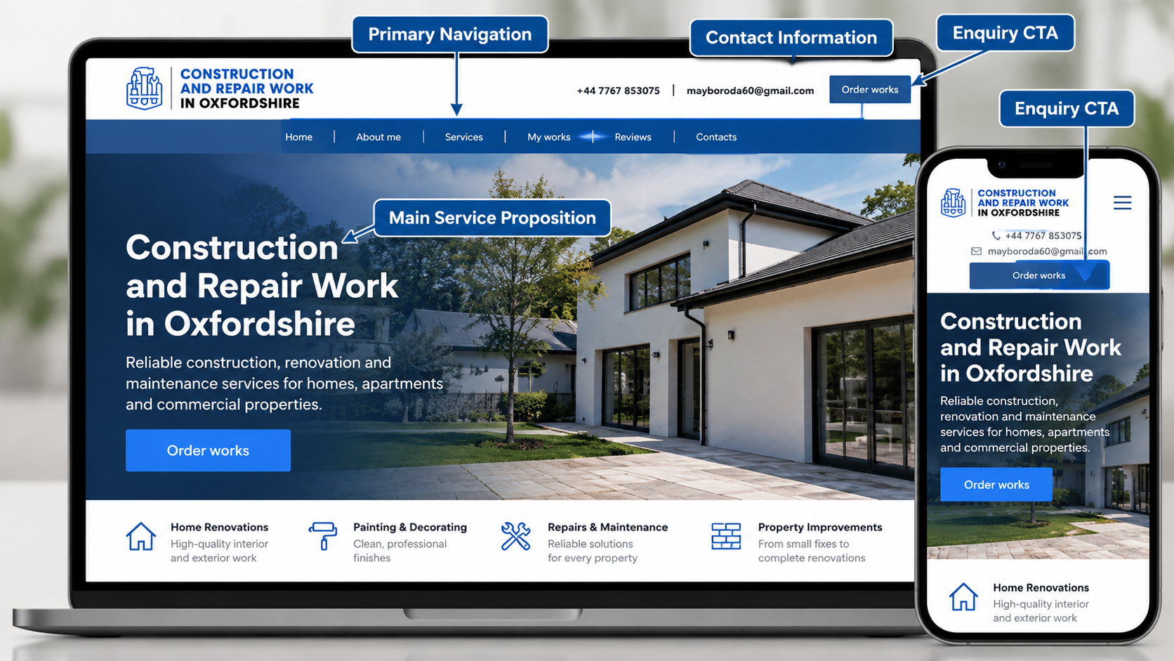 Construction and repair company website design project by Prime Lion Digital.
