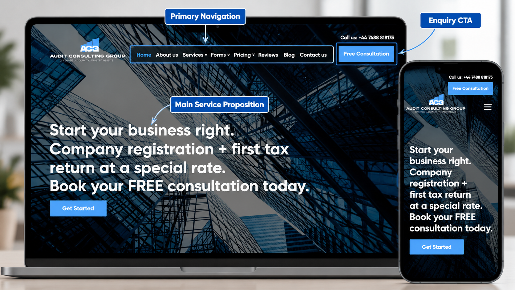 Desktop and mobile views of a small business website designed by Prime Lion Digital, showing service navigation and an enquiry button.