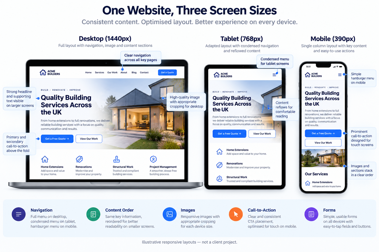 Illustrative responsive website design showing the same service page on desktop, tablet and mobile screens