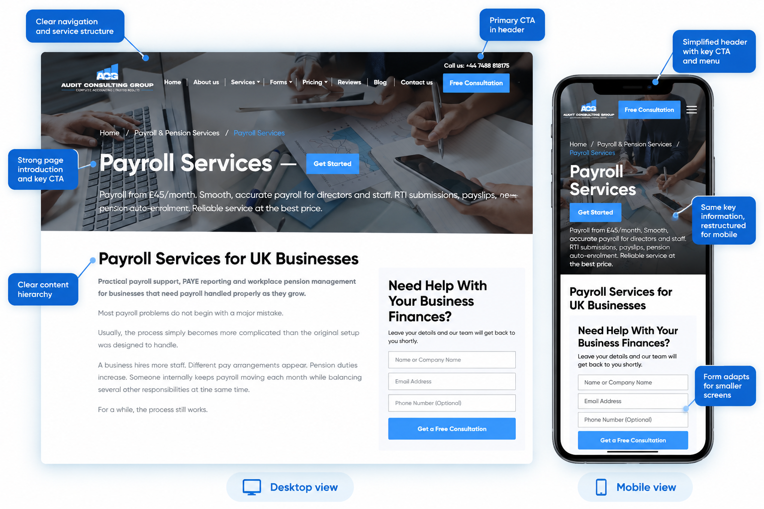 Responsive website interface showing desktop and mobile layouts from the same Prime Lion Digital project.