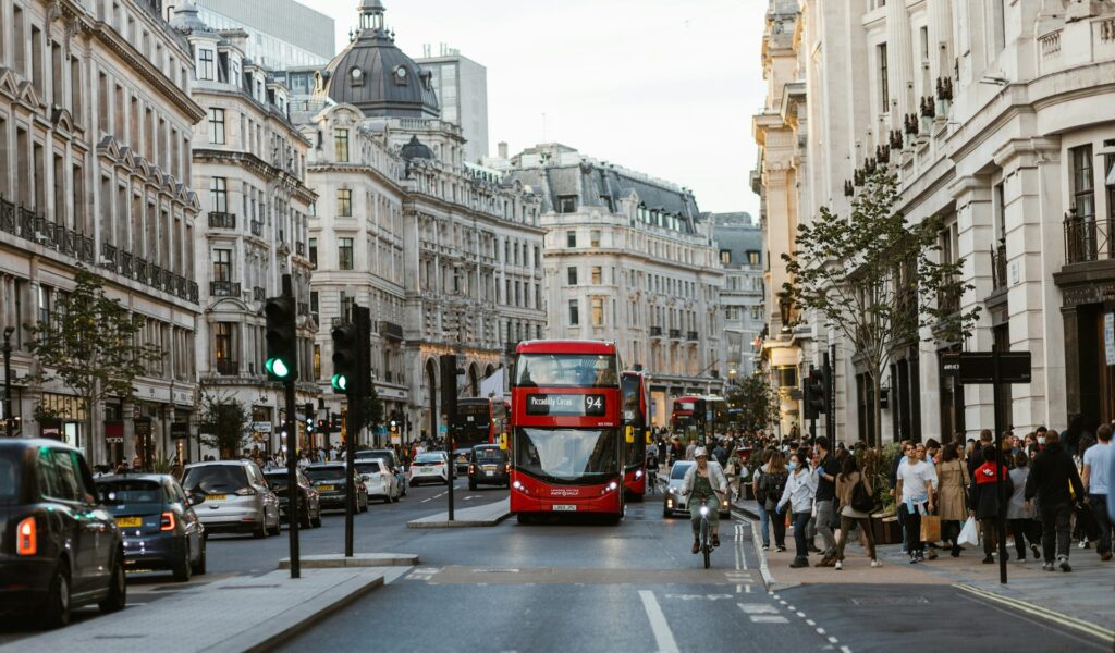 Historic Regent Street and red bus in central London