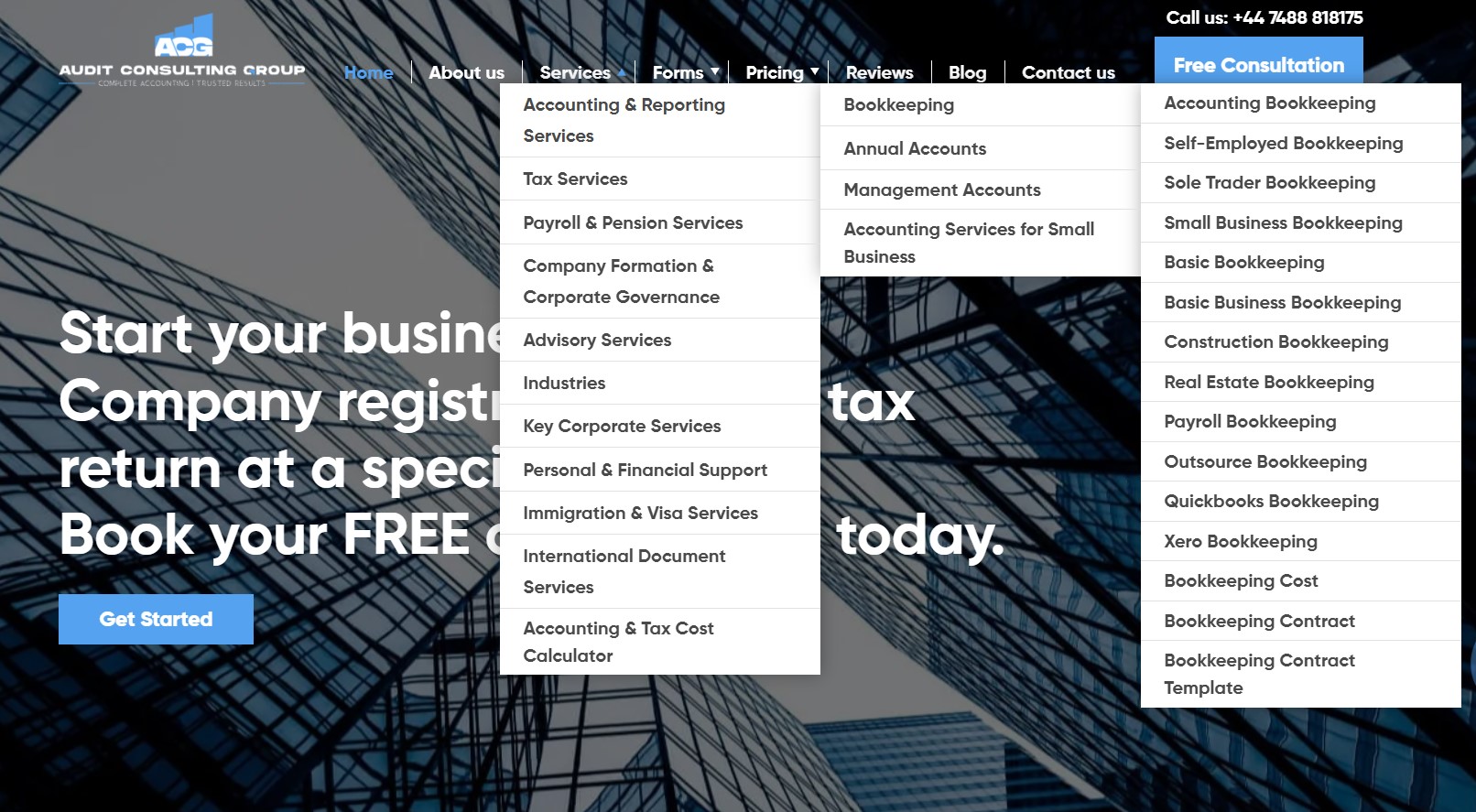Audit Consulting Group WordPress website showing a structured accounting and tax service architecture