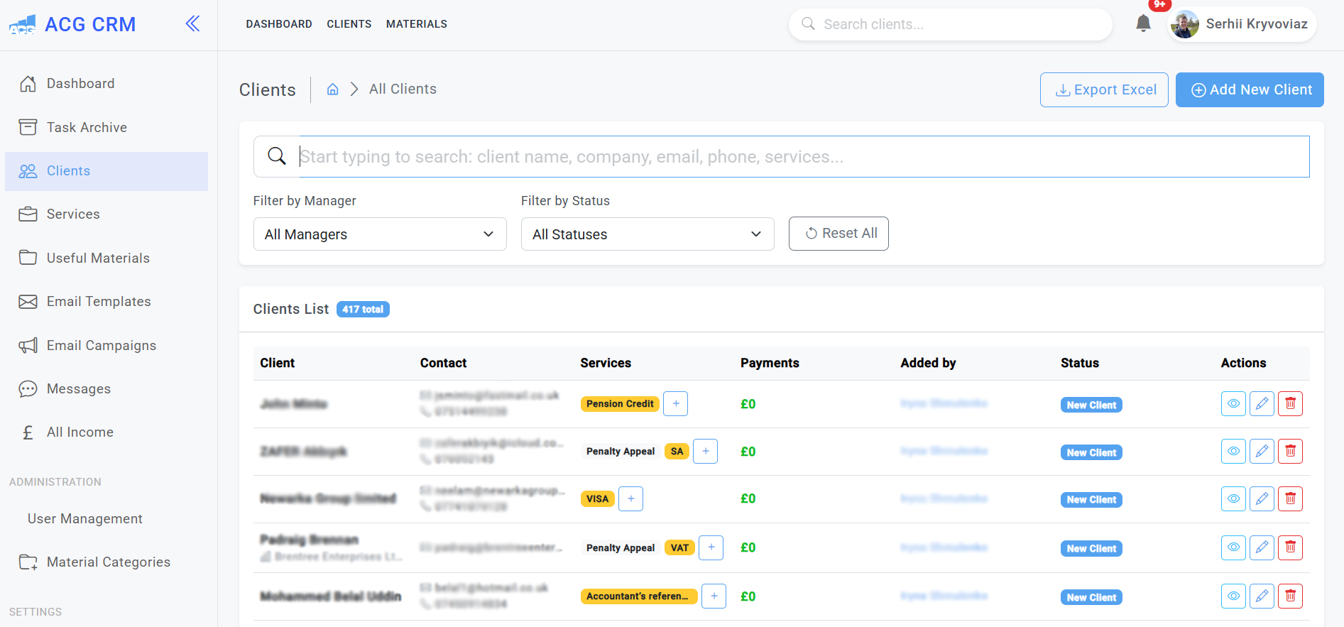 CRM client management dashboard for bookkeepers and accounting firms
