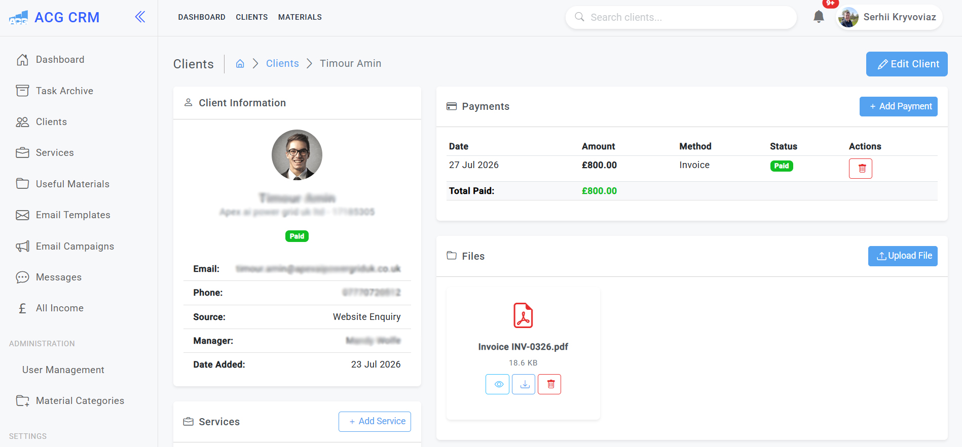 Accounting CRM client profile with payments services and document management