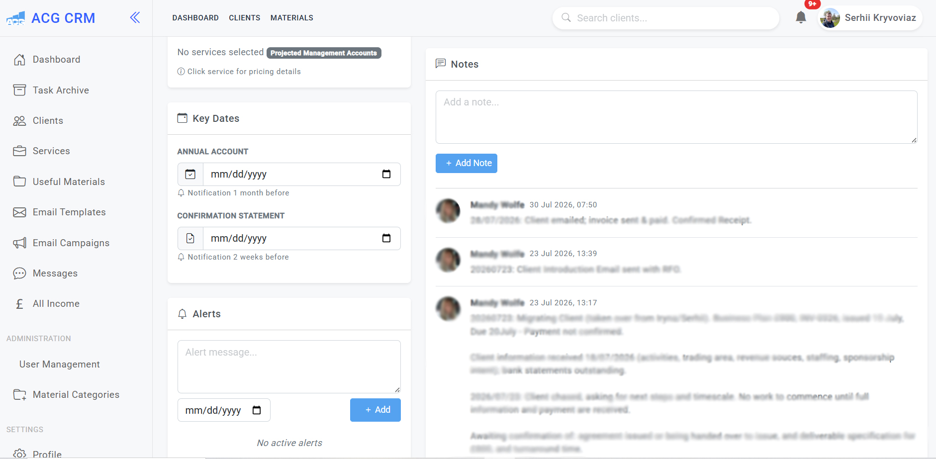 CRM key dates client notes reminders and alerts for accounting firms