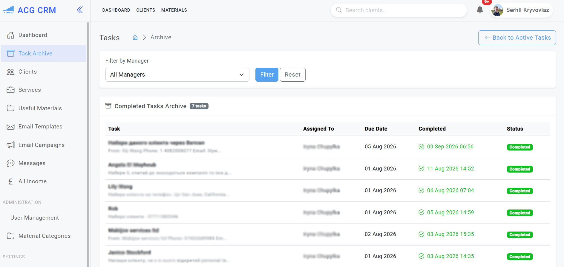 Accounting firm CRM task management and completed tasks archive