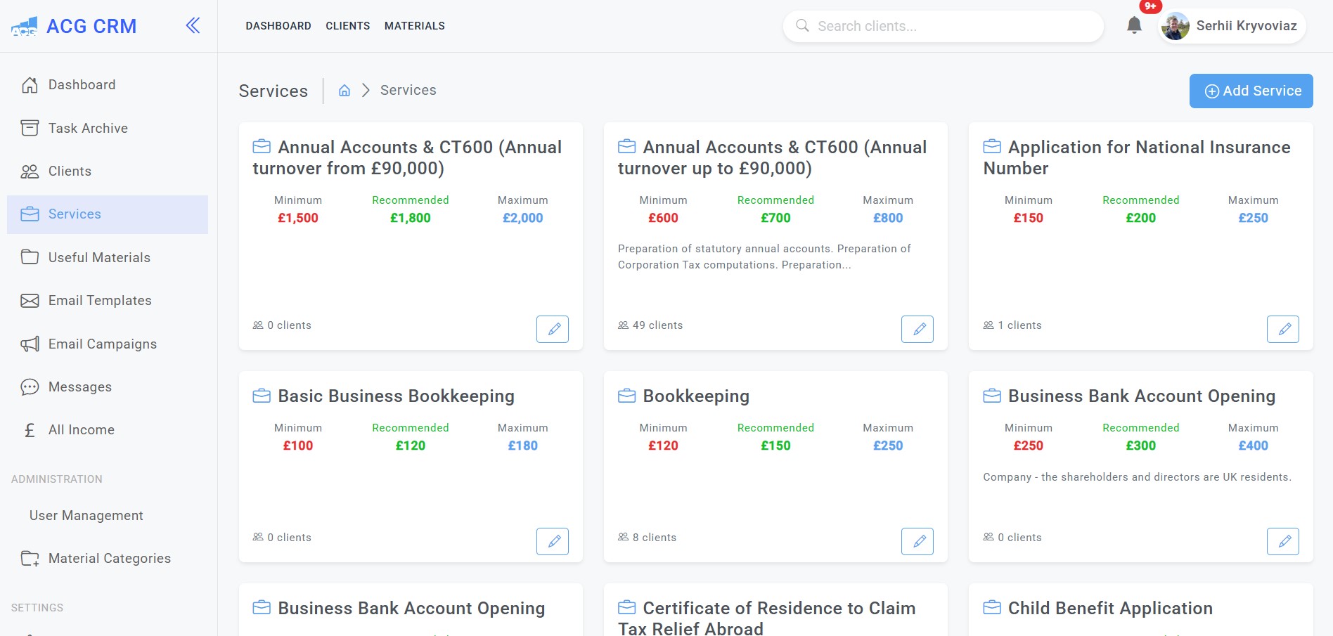 Bookkeeping CRM services and pricing management dashboard