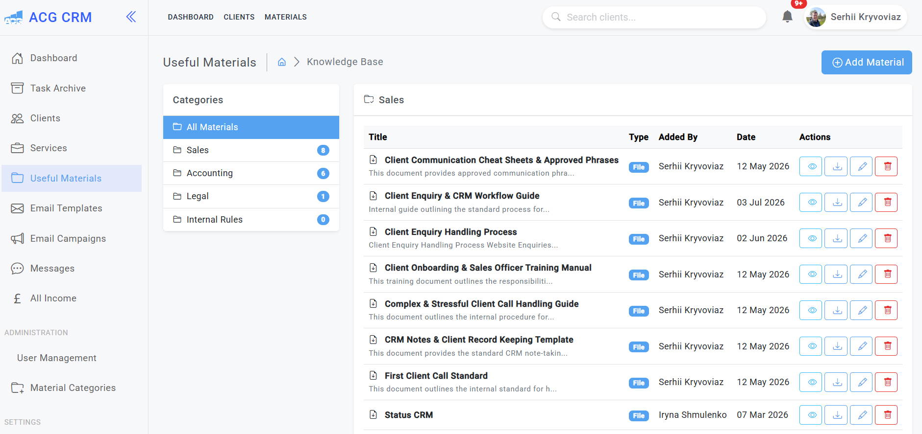 Custom CRM knowledge base and internal document management for bookkeeping firms