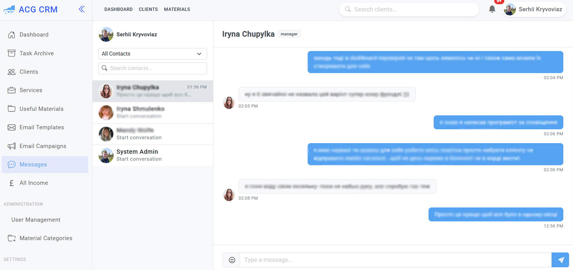Custom CRM internal messaging system for accounting and bookkeeping teams