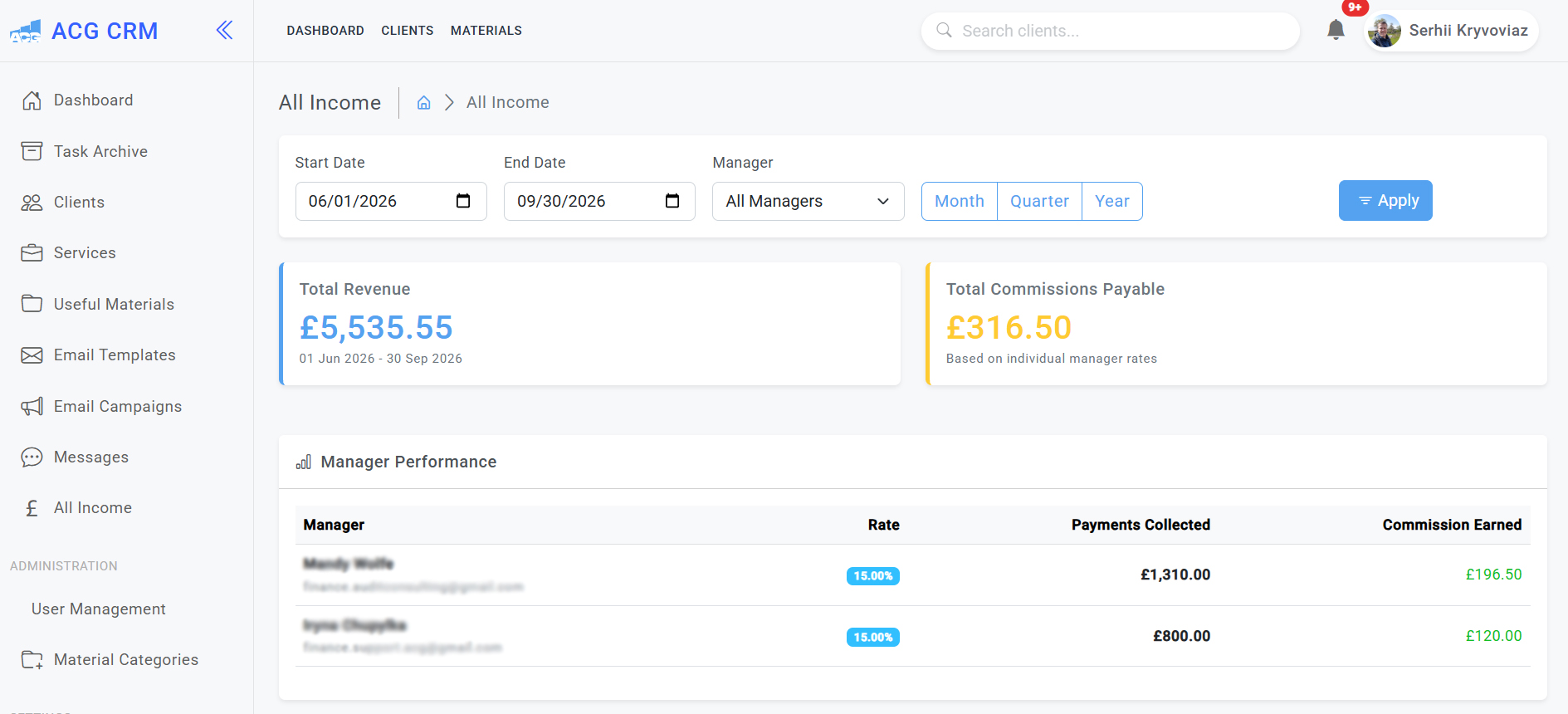 Accounting firm CRM revenue and manager commission tracking dashboard