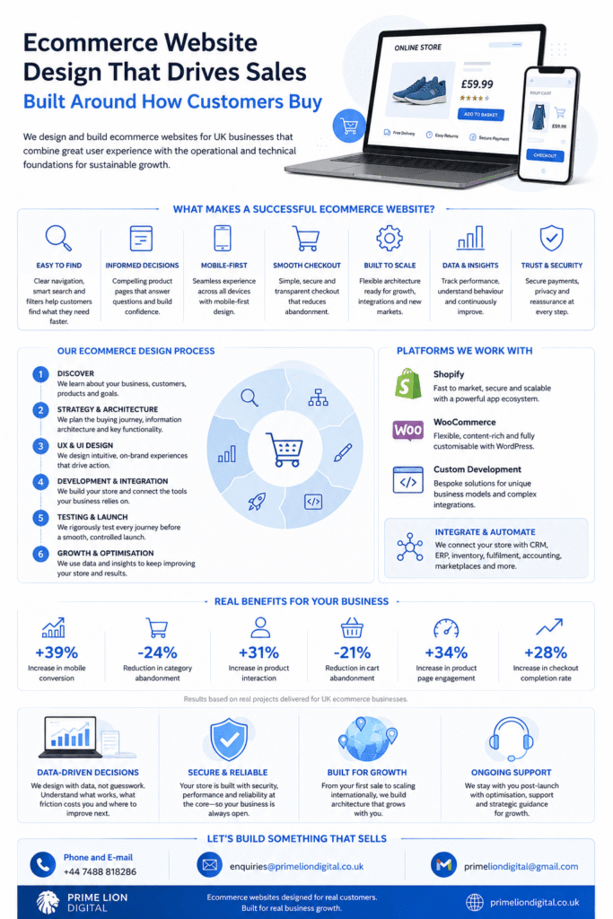 Ecommerce website design UK infographic showing UX, Shopify, WooCommerce, integrations and ecommerce growth
