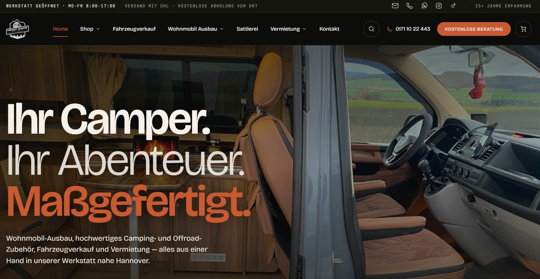 Freizeit Camper WordPress and WooCommerce website combining ecommerce, services and content