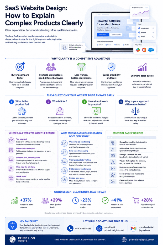 SaaS website design infographic showing context, product operation, proof and buyer decision support