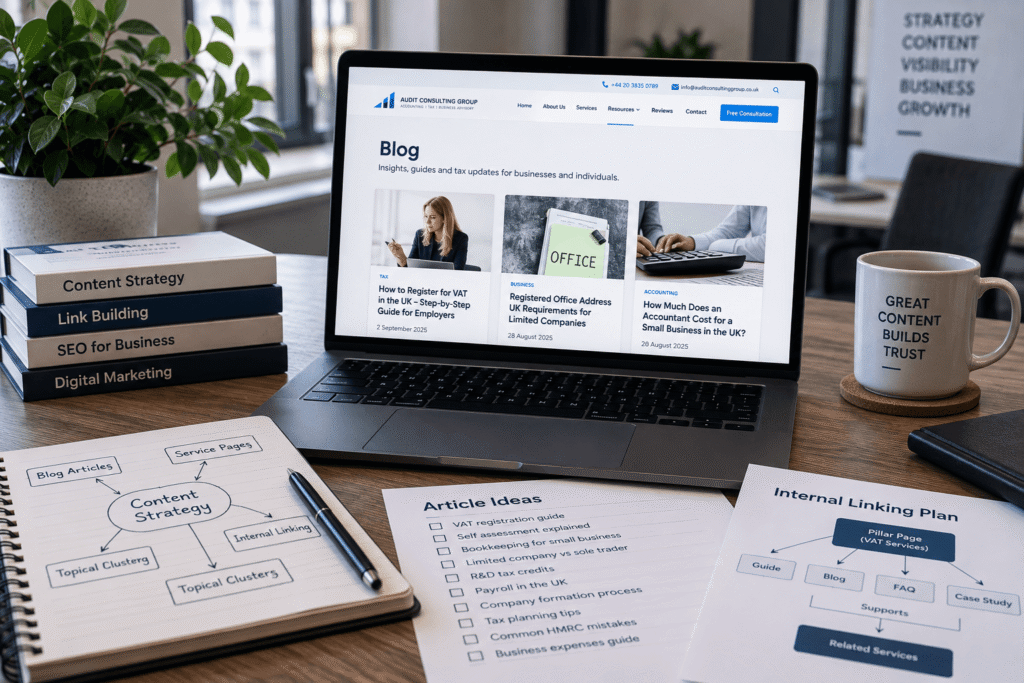 SEO content strategy, topical authority and internal linking for an accounting website