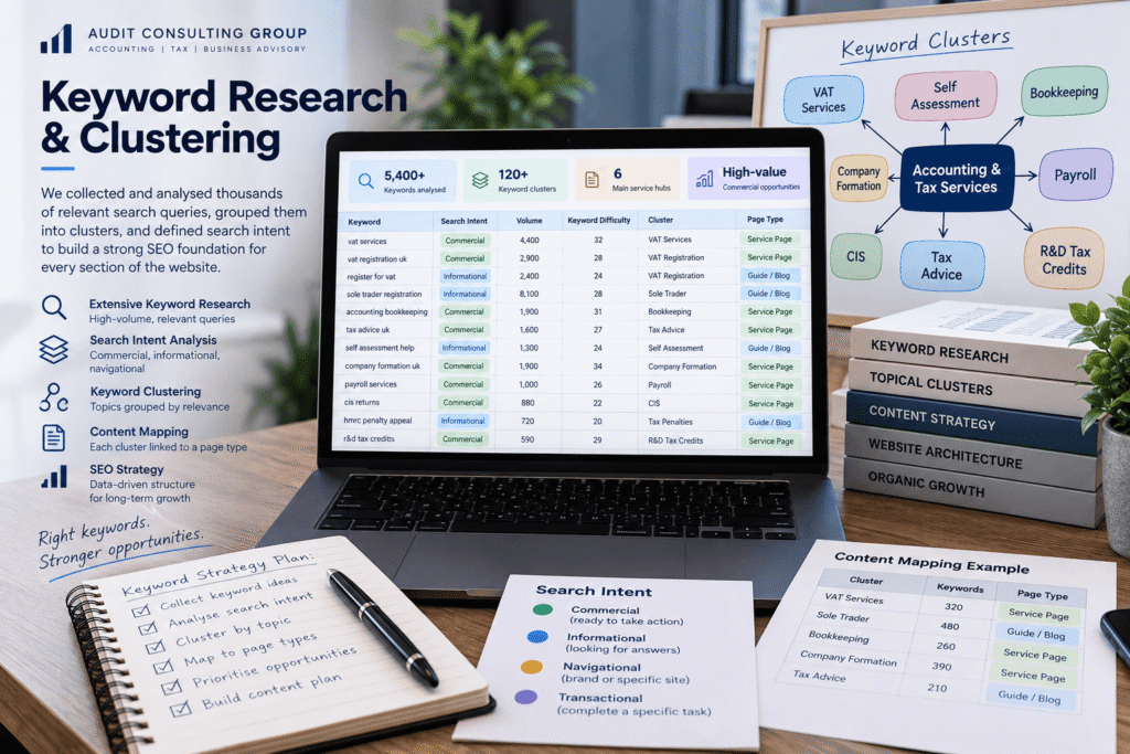 Keyword research, search intent analysis and SEO clustering for accounting and tax services