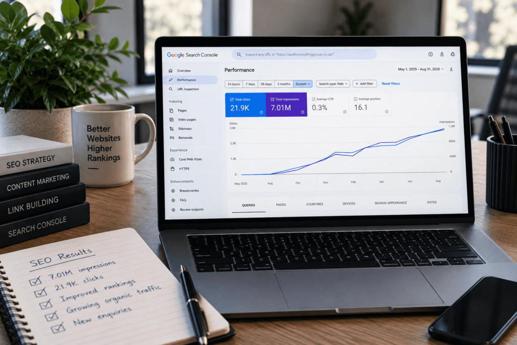 Audit Consulting Group SEO growth reaching 7.01 million Google impressions and 21.9K clicks