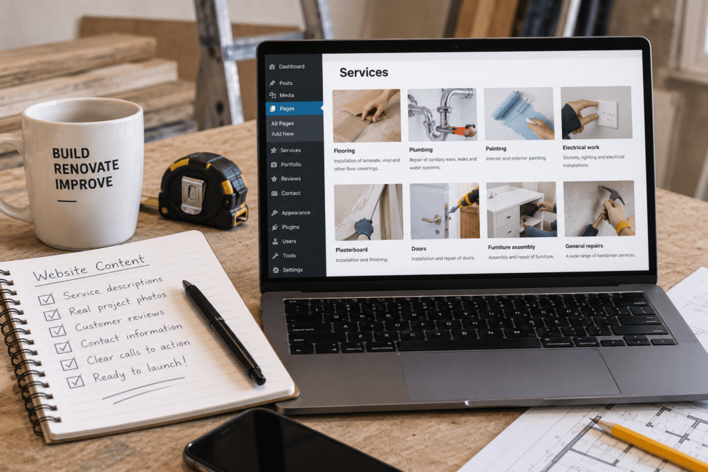Construction and repair website service pages, project content and portfolio setup