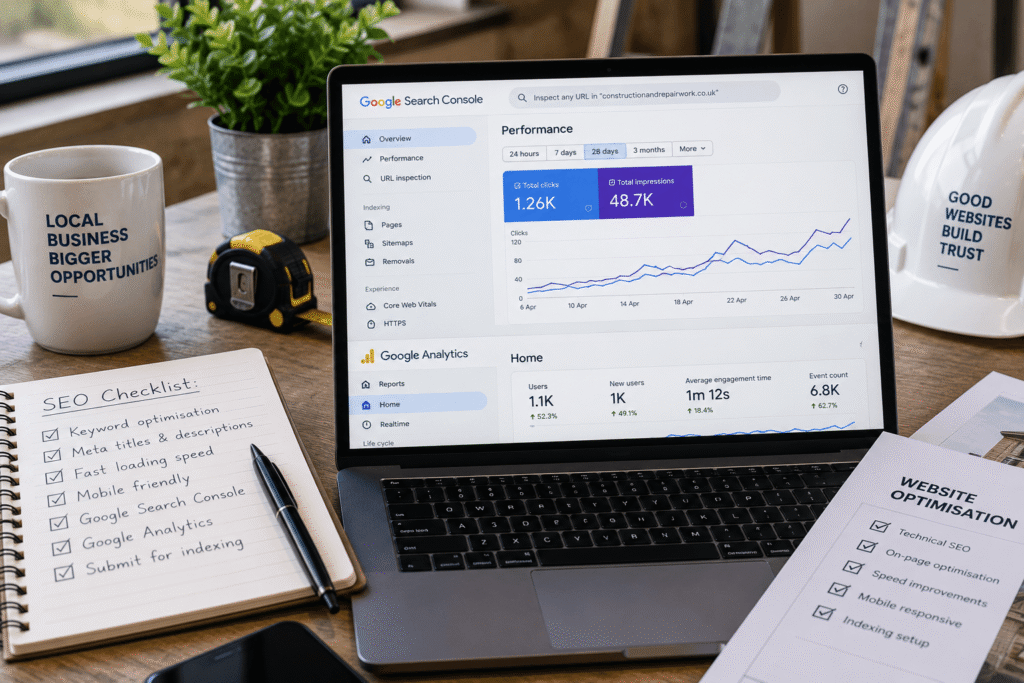 SEO optimisation and search engine setup for a local construction business website