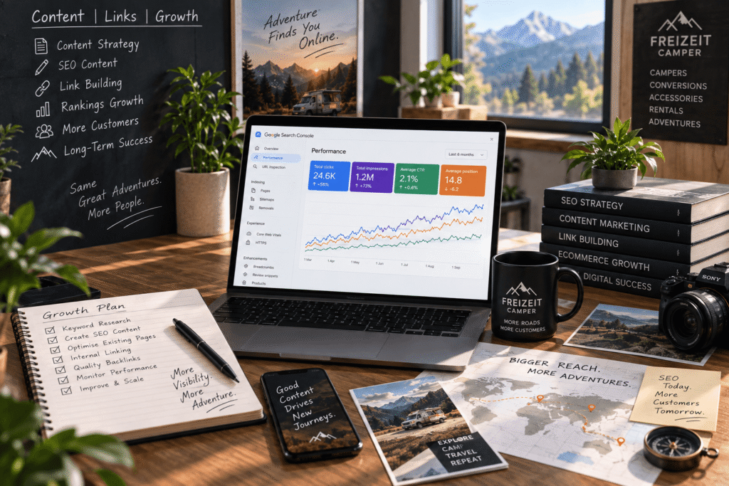 SEO content strategy, internal linking and link building for Freizeit Camper