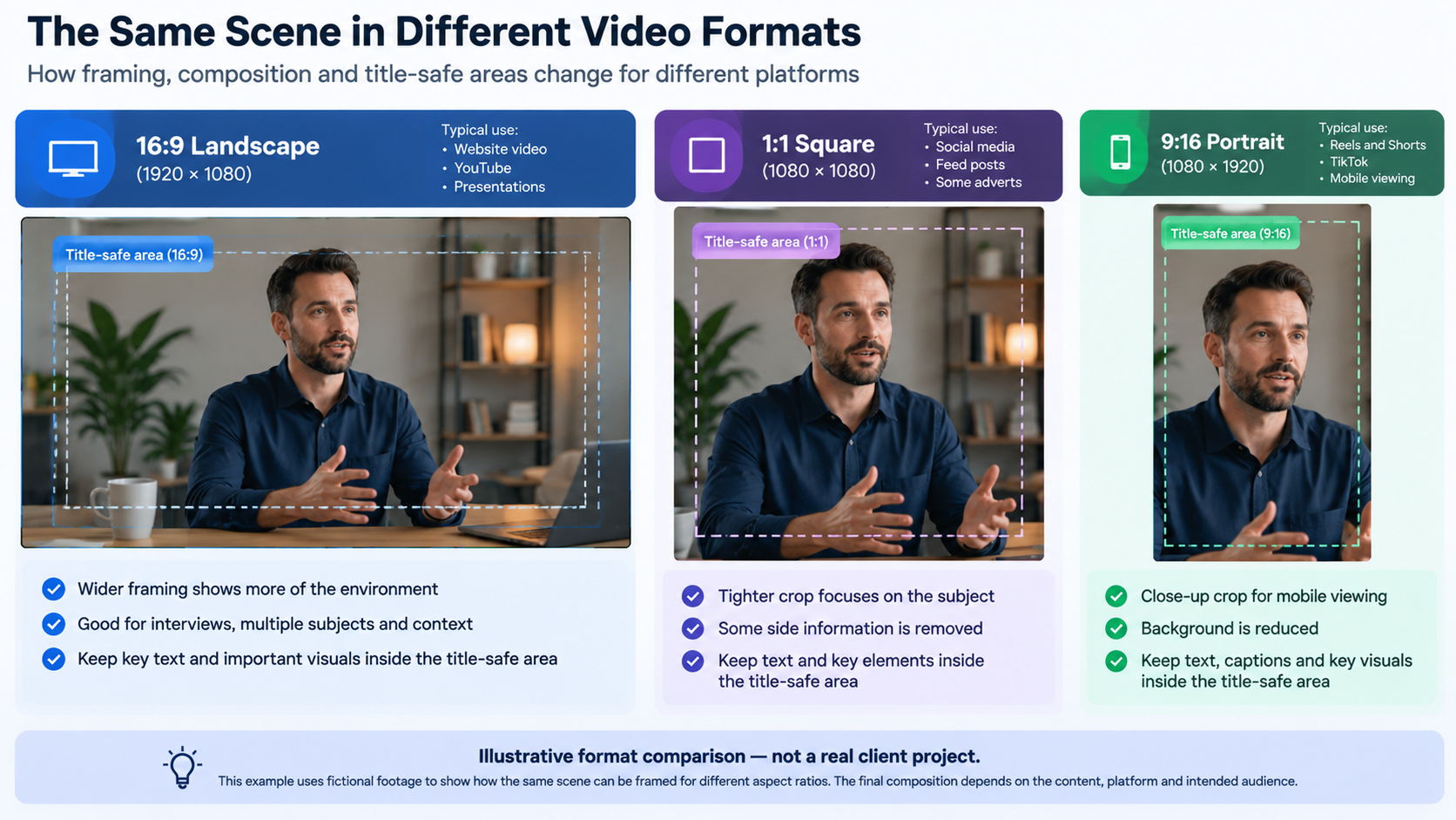 Comparison of the same fictional video scene reframed for landscape, portrait and square viewing.
