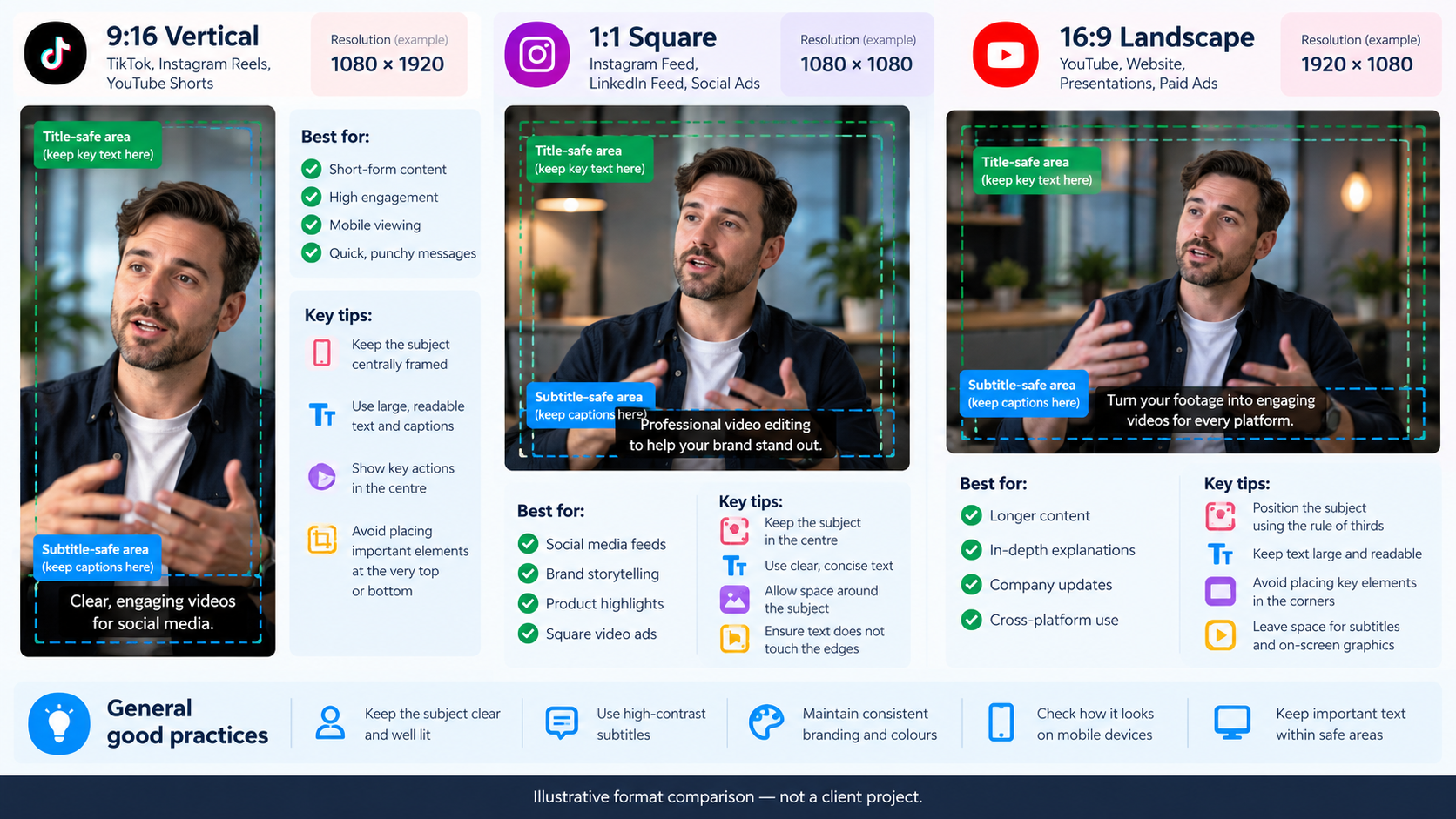 Comparison of vertical, square and landscape social video framing and subtitle safe areas.