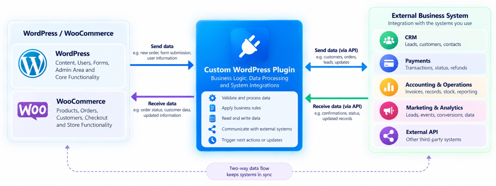 Custom WordPress plugin integration with external business systems and APIs