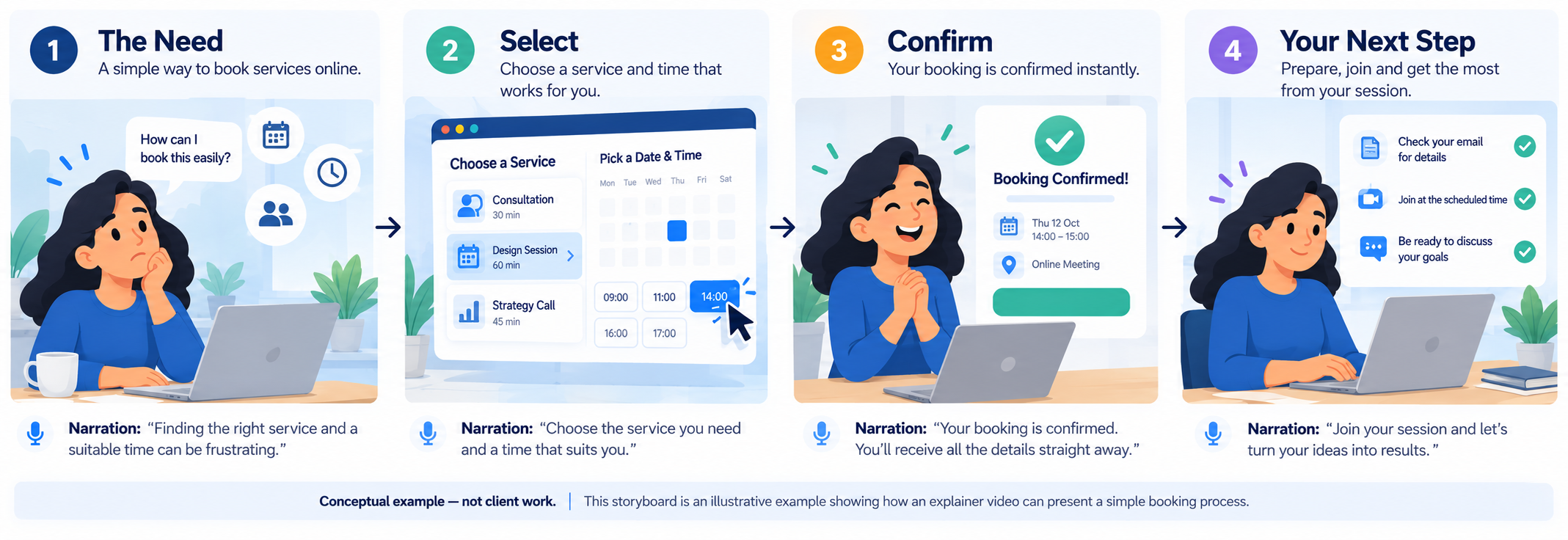 Four-frame illustrative storyboard showing a customer need, booking selection, confirmation and next step.