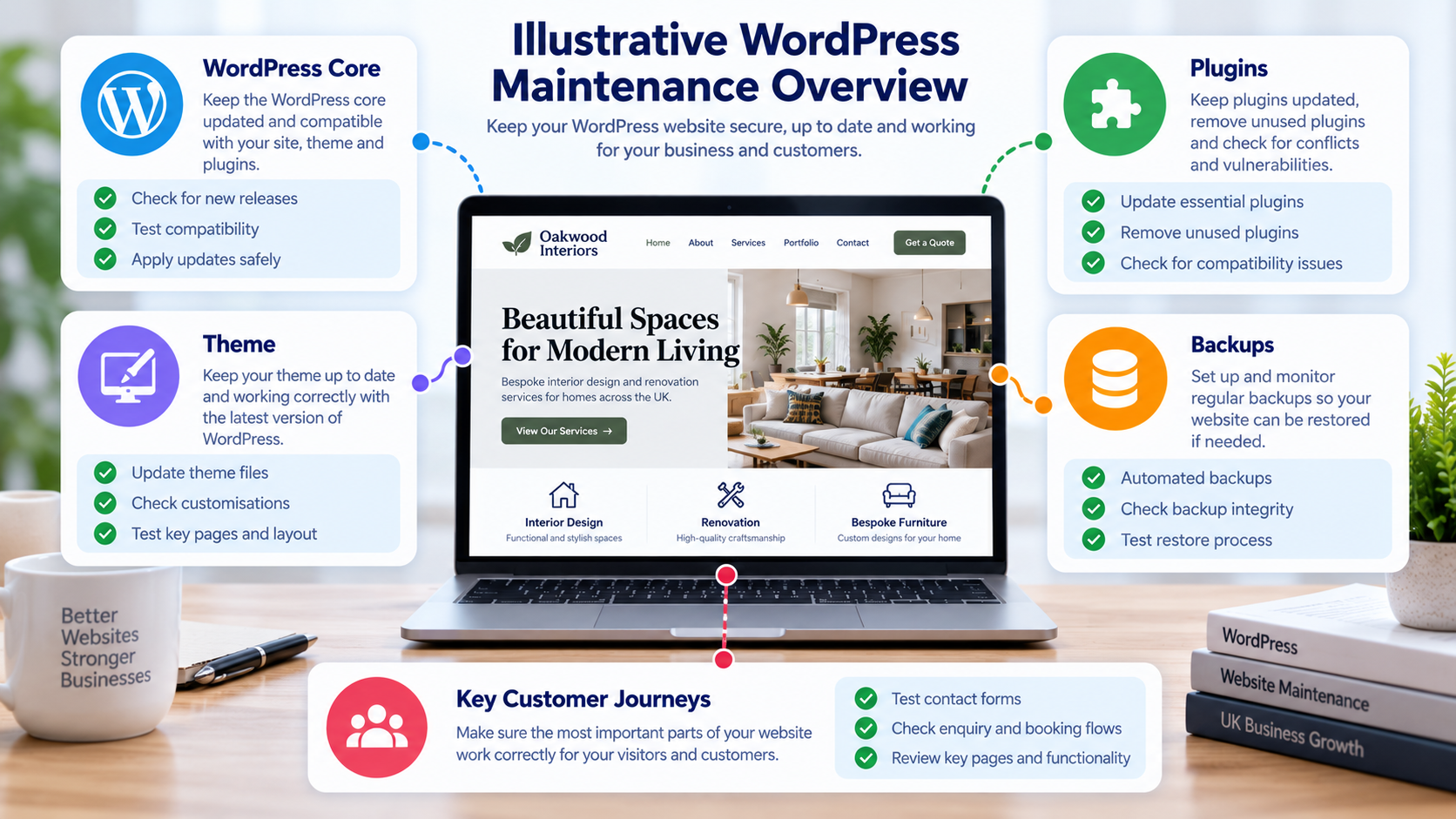 Illustrative WordPress maintenance overview connecting core, theme, plugins, backup readiness and important customer journeys.