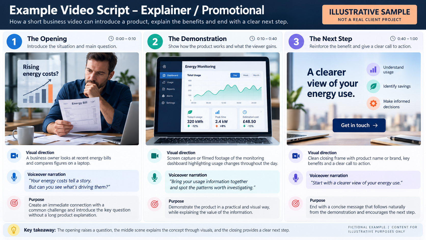 Illustrative business video script showing scene directions, voiceover narration and editorial annotations.