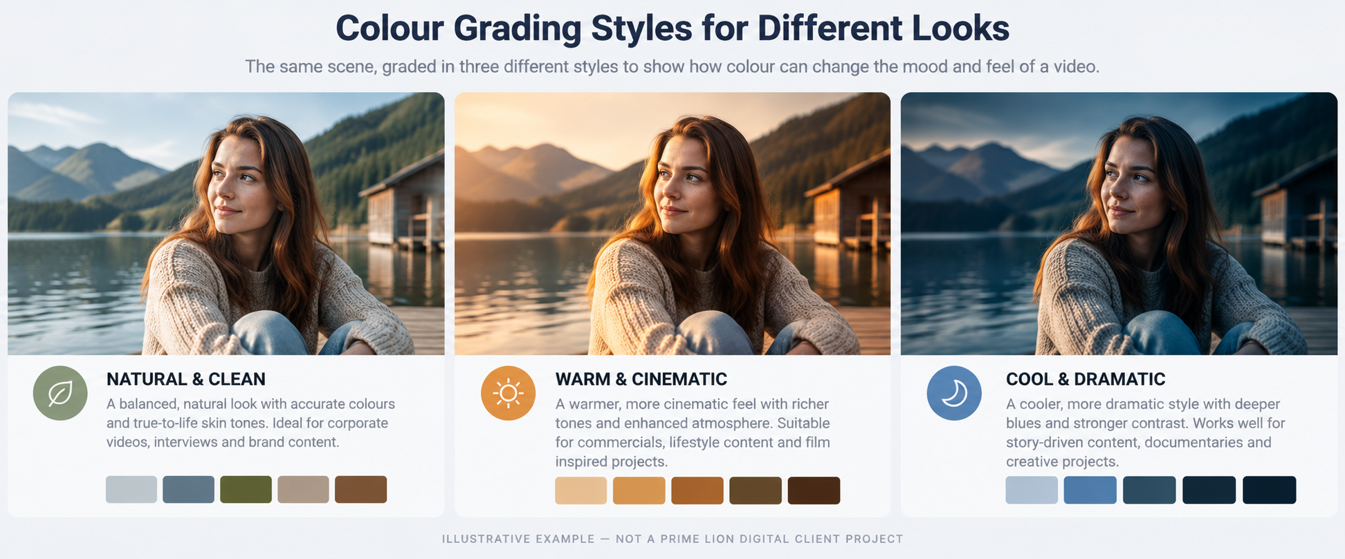 Illustrative comparison of natural, warm cinematic and cool dramatic colour grading styles