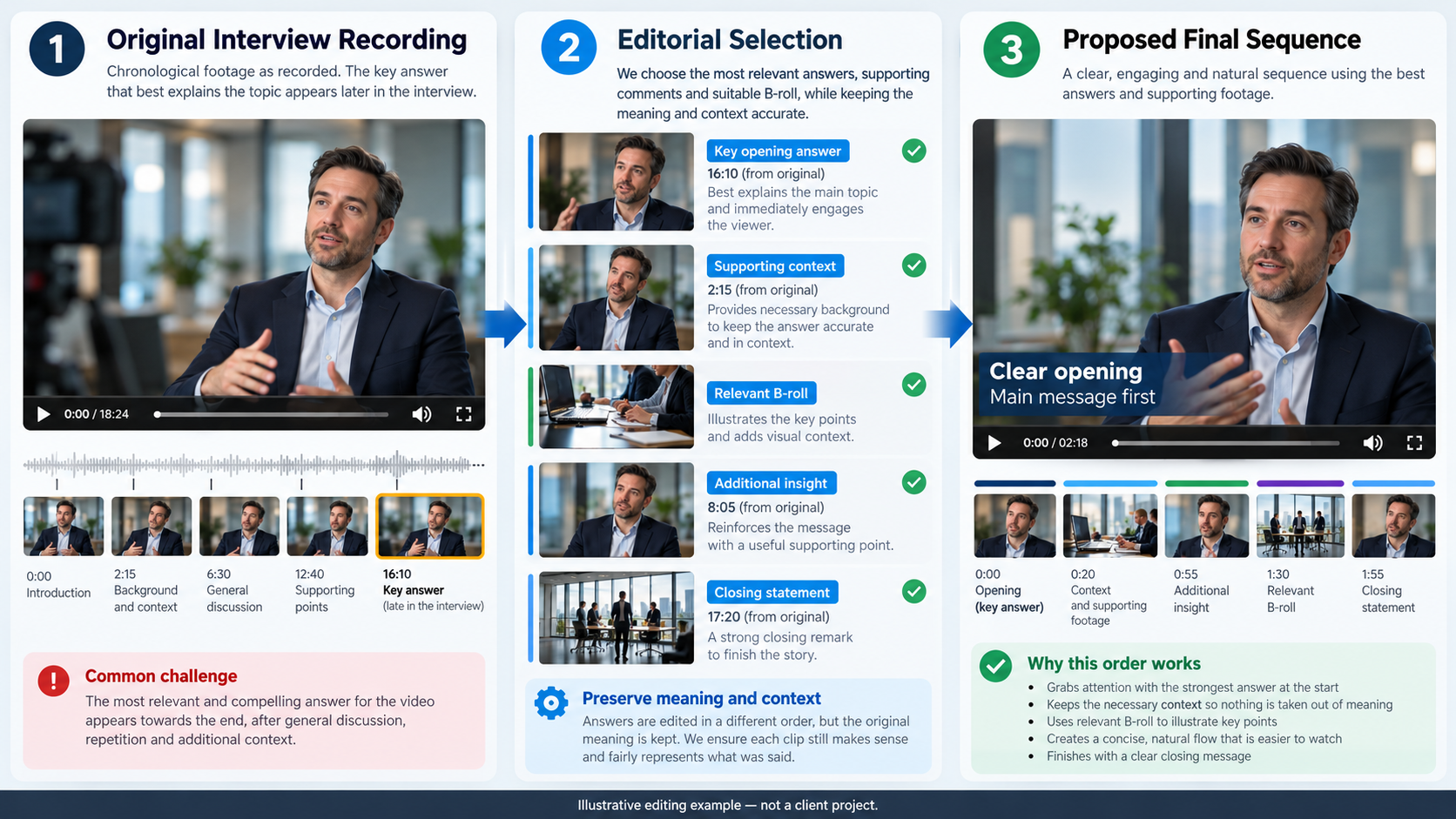 Illustrative corporate interview editing storyboard showing how recorded answers and supporting footage can form a clear video sequence.