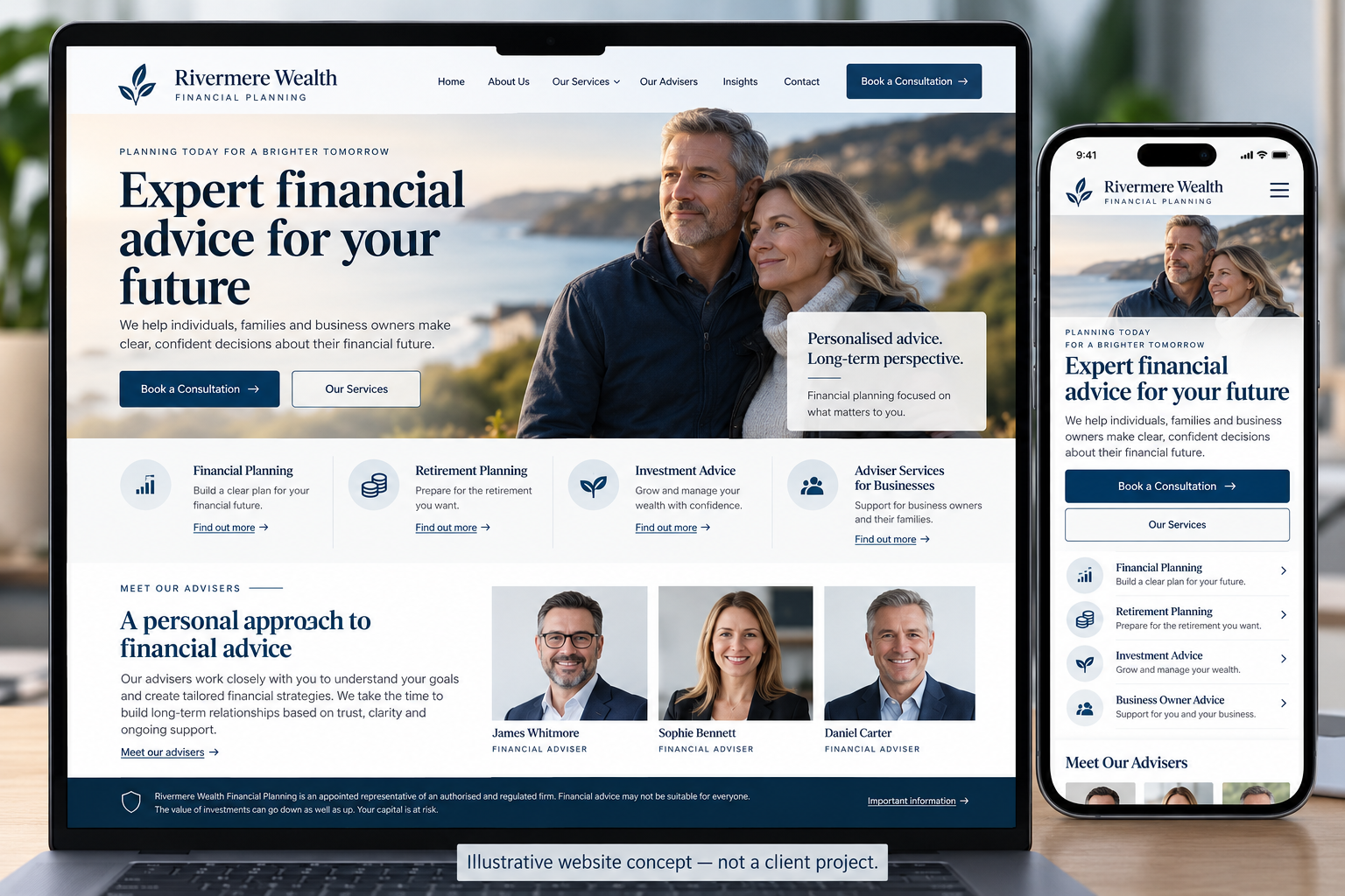 Illustrative financial adviser website design with desktop and mobile layouts, service navigation, adviser information and consultation enquiry button.