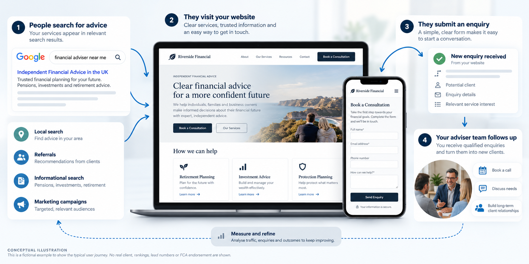 Illustrative financial adviser website linked to organic search, enquiries and adviser-team feedback.