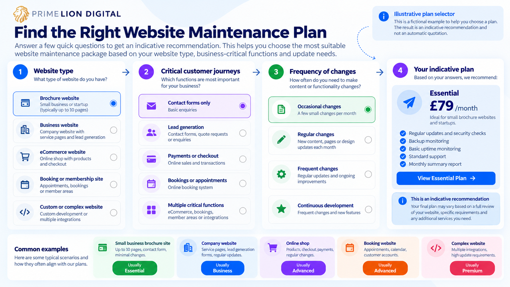 Illustrative guide to choosing a website maintenance package based on site type, business-critical functions and update needs.