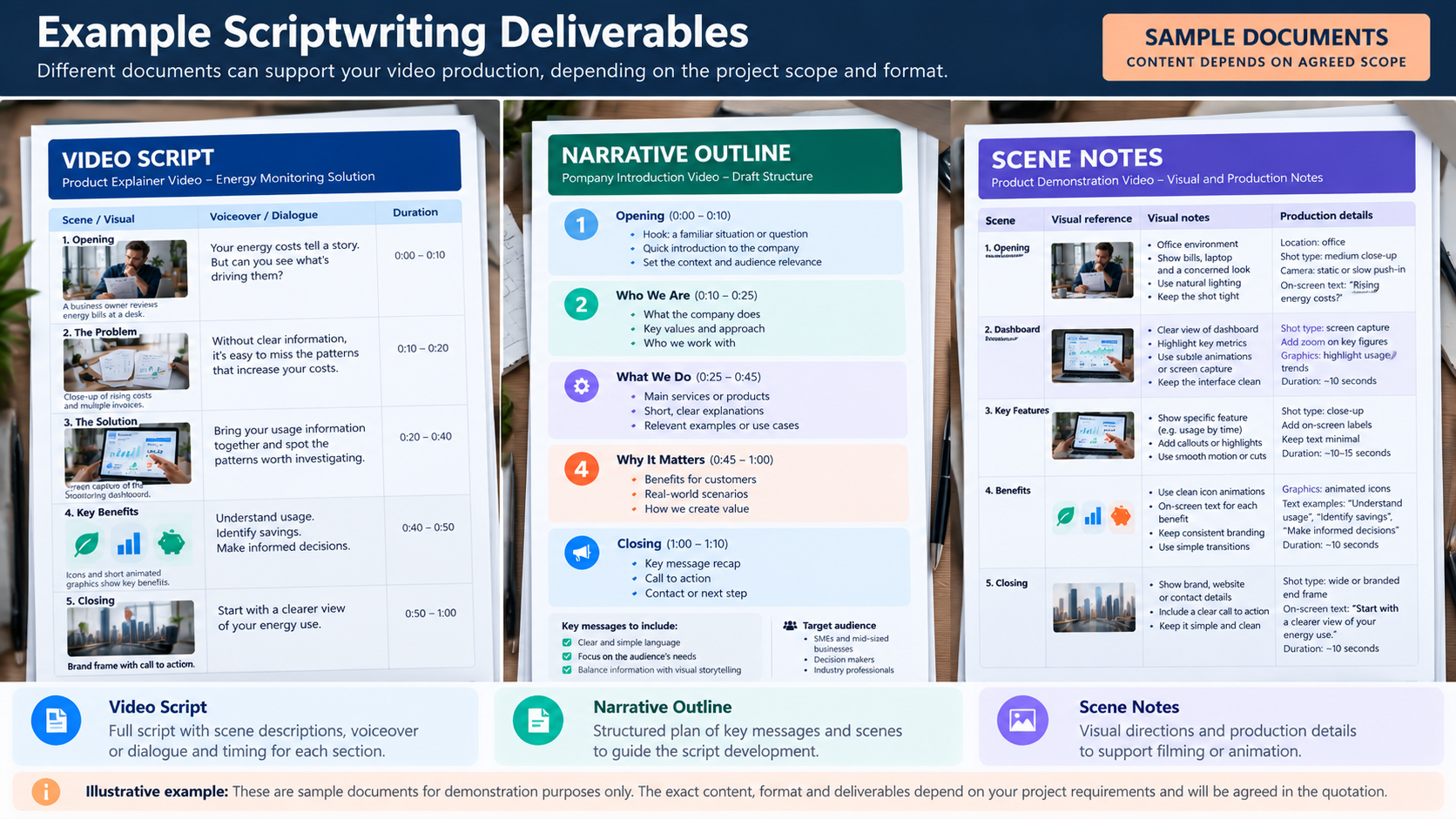 Illustrative video script, narrative outline and scene notes showing possible scriptwriting deliverables.