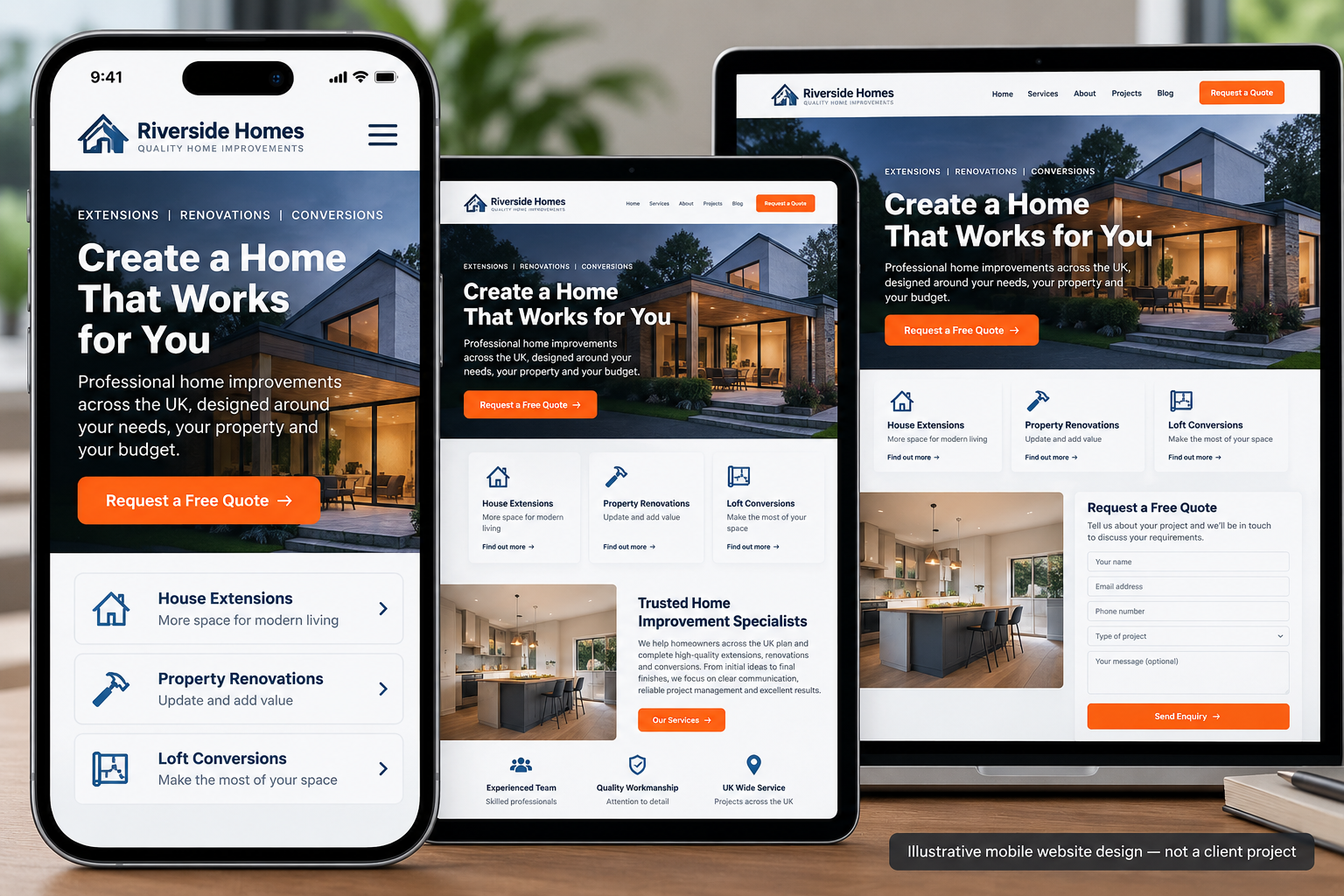 Mobile website design example showing a fictional business website on smartphone, tablet and desktop screens.