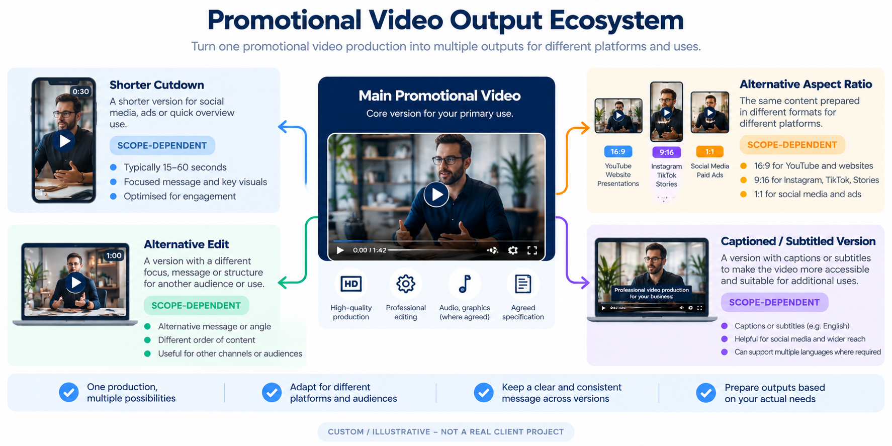 Promotional video with optional agreed versions and formats for different uses