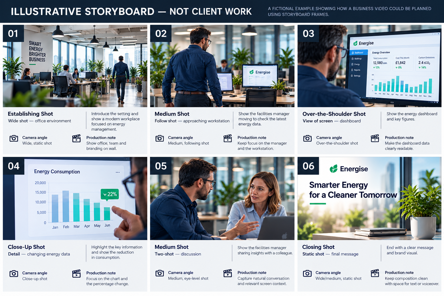 Six-frame illustrative business video storyboard showing establishing shot, workplace action, dashboard close-up, reaction and closing scene