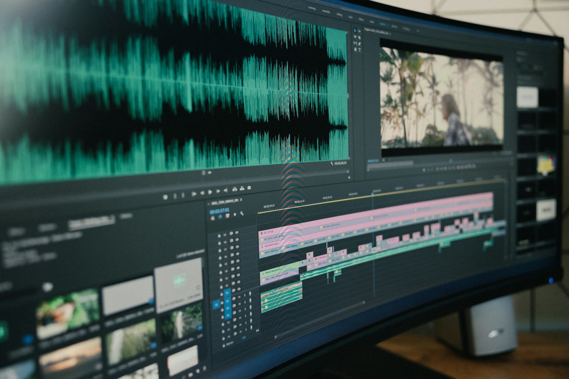 Business video editing and post-production workspace with footage arranged on an editing timeline