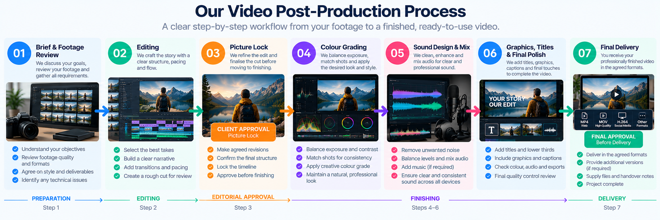 Video post production process with editorial approval and finishing stages