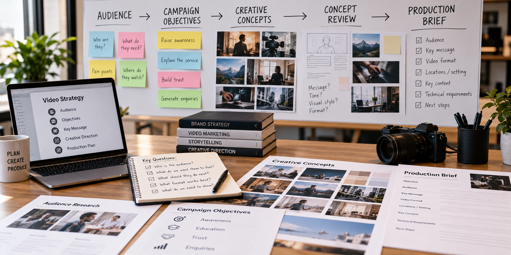 Video strategy planning workspace with audience research, creative concepts and production brief